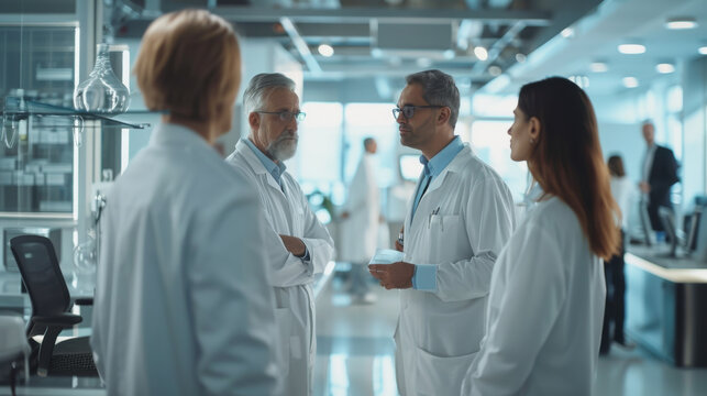 Group of scientists in white lab coats having a discussion in a state-of-the-art laboratory setting.