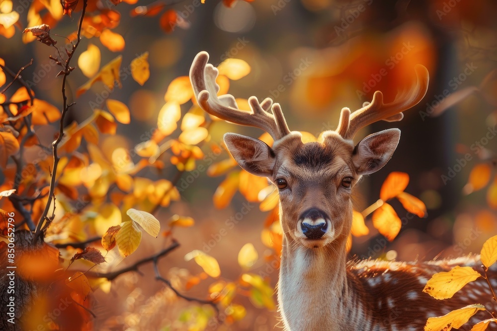 Wall mural Graceful deer with antlers stands amid vibrant autumn leaves as the sun filters through the trees