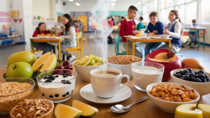Healthy School Breakfast with Fruit and Cereal, Nutritious Start to the Day