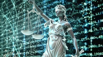 Obraz premium Blindfolded Lady Justice with scales against a backdrop of digital binary code, symbolizing legal tech and modern justice.