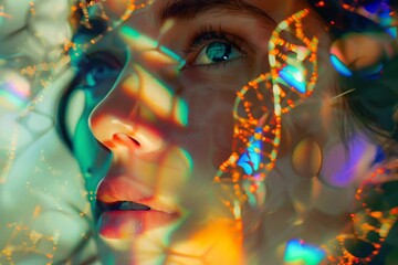 woman with deoxyribonucleic acid floating around - Powered by Adobe