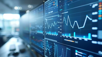 Close-up of multiple screens displaying complex financial data and charts in a modern office setting.