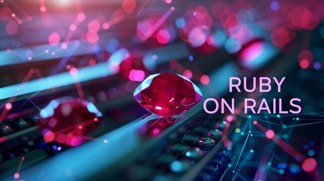A conceptual image depicting Ruby on Rails programming with a red gemstone symbolizing Ruby and train tracks representing the Rails framework, illustrating the dynamic nature of web development.