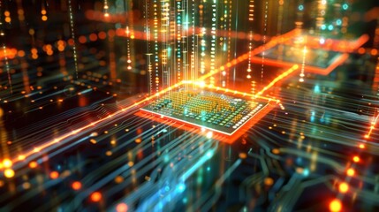 Fototapeta premium A 3D holographic projection shows a computer chip comprising of qubits performing complex calculations and manipulating data at a quantum level.