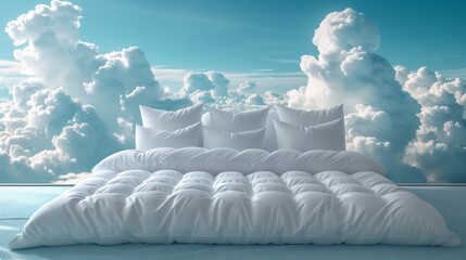 bed with white pillows in the clouds .Generative AI