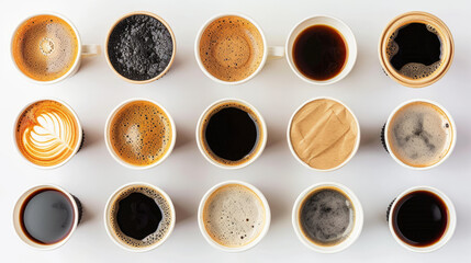 Assortment of black coffee in disposable paper cups against white background, seen from above