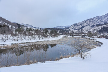 Landscape View Of The Beautiful Historic Villages Of Shirakawa-Go And Gokayama (Gassho Zukuri Folk Village) With Winter Snow, Gifu, Shirakawa, Japan