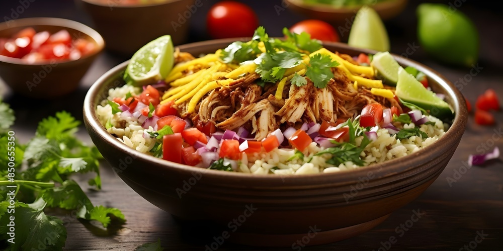 Wall mural Enjoy a tasty Mexican chicken burrito bowl with fresh ingredients and flavors. Concept Mexican Cuisine, Chicken Recipes, Burrito Bowls, Fresh Ingredients, Flavorful Dishes - Wall murals