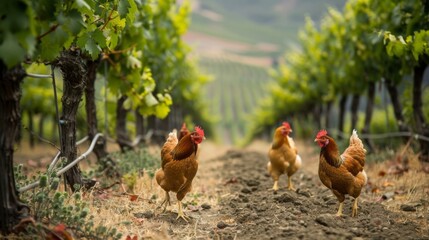An image of chickens roaming freely through the vineyard naturally controlling pests and providing fertilizer through their manure.