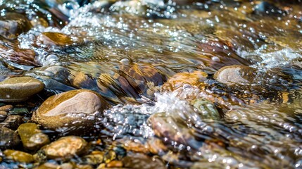 Close-up of water flowing over pebbles, dappled sunlight, clear and bubbling stream.