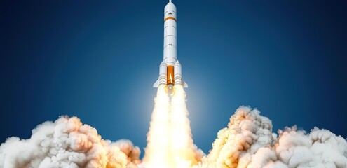 Illustration of a white rocket launching with smoke around it on a dark blue background