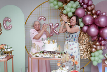 mother and daughter, elderly birthday, double birthday, family party, grandparents' day, senior...