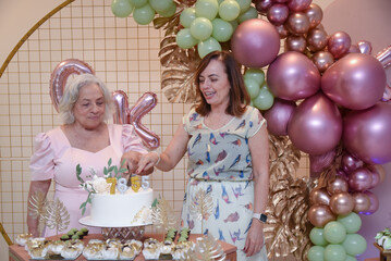 happy birthday girl, mother and daughter, elderly woman's birthday, couple's birthday, family party, grandparents' day, elderly life, cutting the cake, birthday party, cake and sweets table, vintage 
