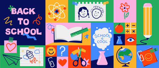 Back to school long horizontal banner, background. Simple flat style education icons, symbols, doodles. Art collage, papers, hand drawn design elements. Bright colorful school subjects conept. © olechkaart