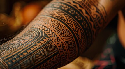 Detailed view of a Polynesian tattoo on muscular arms, showcasing the intricate designs and cultural storytelling --ar 16:9 Job ID: a1e4a6d3-37ec-4d07-a8b9-91d984c88aba