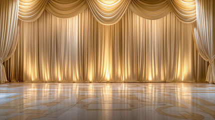 Elegant gold curtains with dramatic lighting and smooth folds. Empty golden stage with copy space for design. Maternity photography backdrop. Background. 