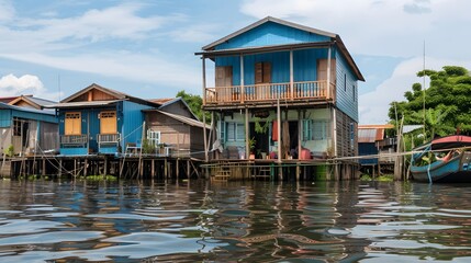 Fototapeta premium Stilt house, representing the unique architecture of Southeast Asia. Wooden house elevated on sturdy stilts above the water, as commonly seen in floating villages
