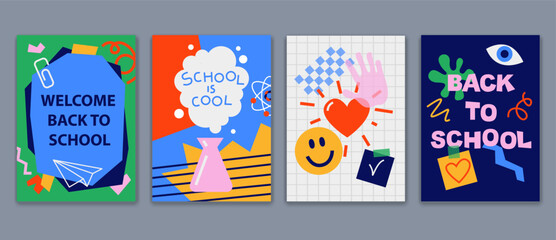 Back to school cards, backgrounds set. Simple flat style education icons, symbols, doodles. Art collage, papers, hand drawn design elements. Bright colorful school subjects conept.