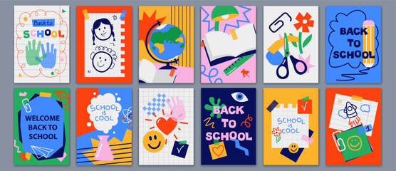 Back to school cards, backgrounds set. Simple flat style education icons, symbols, doodles. Art collage, papers, hand drawn design elements. Bright colorful school subjects conept.