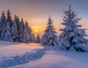 Fototapeta premium Sonnenaufgang im Schnee mit Tannenbäumen im Winter