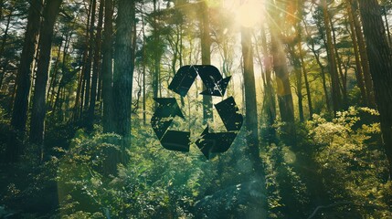 Recycling Symbol Overgrown With Green Forest and Sunlight. Double Exposure