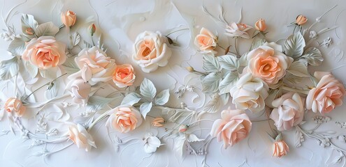 A textured white background with a series of white roses on it
