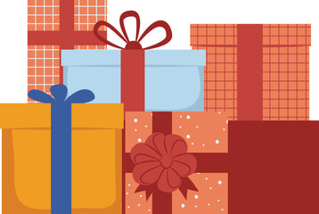 Colorful gift boxes ribbons festive celebration. Pile wrapped presents birthday holiday surprise. Stacked gifts colorful wrapping dotted patterns bows