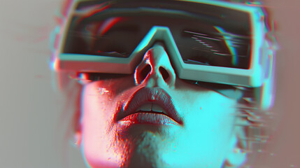 Woman Deeply Immersed in an VR/AR Experience with Chromatic Aberration Glitch.