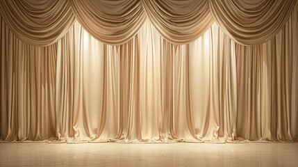 Elegant gold curtains with dramatic lighting and smooth folds. Empty golden stage with copy space for design. Maternity photography backdrop. Background. 
