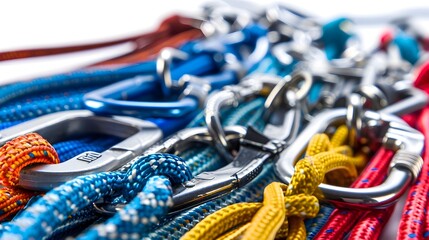 Assorted Mountain Climbing Gear and Equipment Isolated on White Background