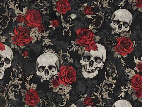A seamless pattern with skulls and red roses on a dark background.  Gothic and vintage aesthetic.