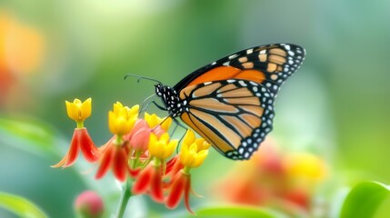 Fototapeta premium Monarch Butterfly Feeding on a Zinnia Flower in a Garden