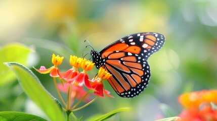 Fototapeta premium Monarch Butterfly Feeding on a Zinnia Flower in a Garden