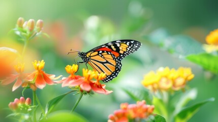 Obraz premium Monarch Butterfly Feeding on a Zinnia Flower in a Garden