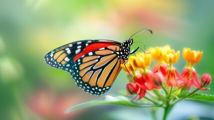 Fototapeta premium Monarch Butterfly Feeding on a Zinnia Flower in a Garden