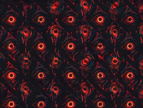 Abstract pattern of glowing red eyes in a dark, geometric background.