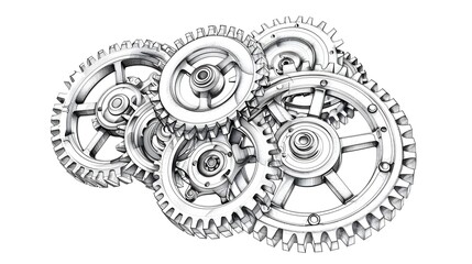 Detailed Drawing of Intricate Hand-Drawn Mechanical Gears on White Background