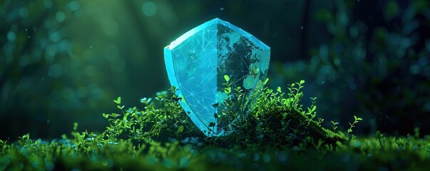 A glowing led shield over green grass with blur effect background