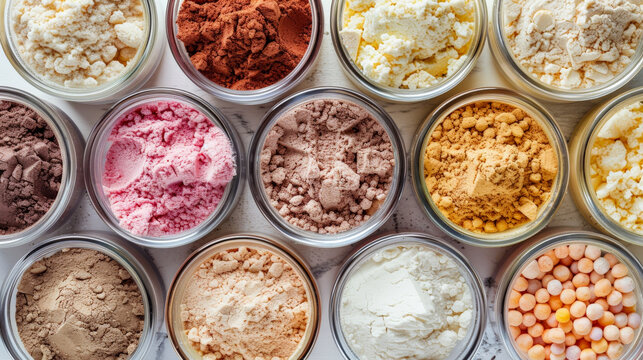 A top view of assorted protein powders in various colors and textures displayed in jars, showcasing variety and selectioN