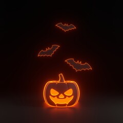 Jack-o-Lantern pumpkin and bats with bright glowing futuristic orange neon lights on black background. Happy Halloween concept. Traditional october holiday. 3D render illustration