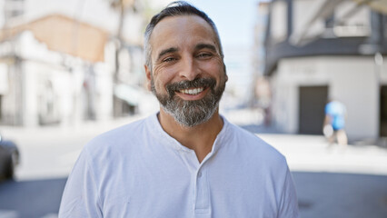 Naklejka premium A smiling mature hispanic man with a grey beard posing outdoors in an urban street setting.