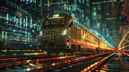 A fastmoving train with bits and bytes of data falling off its back signifying the rapid transfer of information in highspeed transmissions.