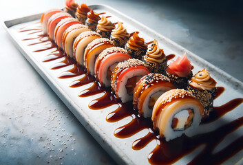 Naklejka premium A long row of sushi covered in sauce and sesame seeds