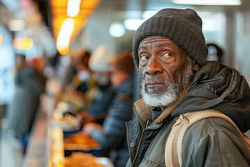 African American homeless man in shelter, receiving help and care, struggling with social problems, relying on community and altruism.