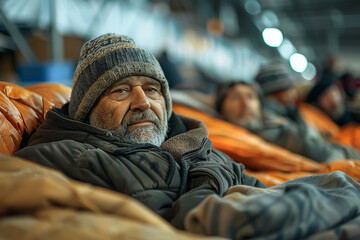 Fototapeta premium Homeless man in shelter, battling depression and poverty, embraced by social support.