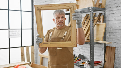 Mature man holding a wooden frame in a carpentry workshop, wearing an apron and gloves.