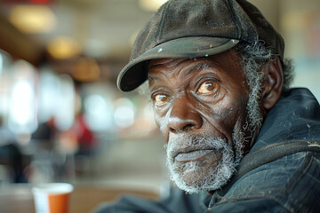 Fototapeta premium African American homeless man in shelter, receiving community assistance, finding hope and care, experiencing homelessness and social problems.
