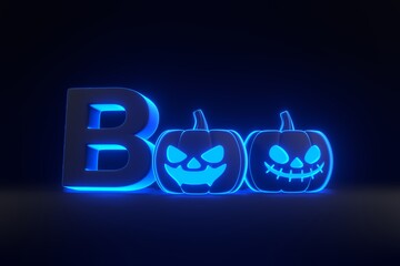 Boo, Jack-o-Lantern pumpkin with lettering with bright glowing futuristic blue neon lights on black background. Happy Halloween concept. Traditional october holiday. 3D render illustration
