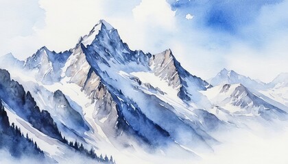 Obraz premium Serene Watercolor Landscape with Snowy Mountain Peaks