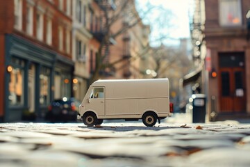 Toy delivery van on a cobblestone street, capturing urban life in miniature